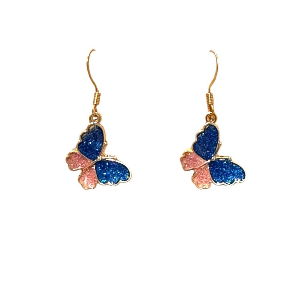 Glittery Pink and Blue Butterfly 10kt Gold Plated Hook Earrings #2186